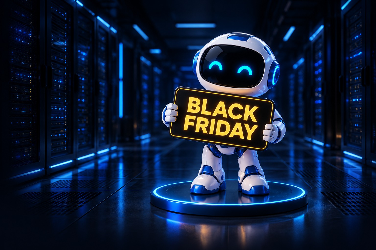 Robô VPS Brasil com placa Black Friday em um datacenter